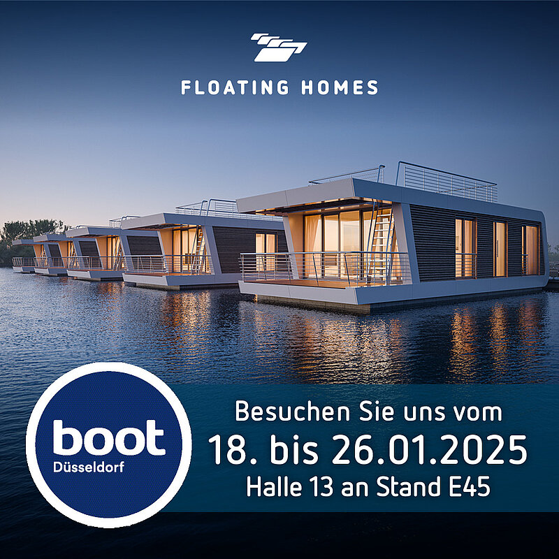 Ankündigung von Floating Homes auf der boot 2025 in Halle 13 Stand E45 in Düsseldorf